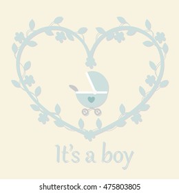 baby vintage blue frame with stroller. template greeting or invitation. baby vector illustration. Baby shower