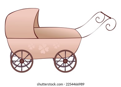 Baby vintage carriage decorated with decorative flowers, for transporting small children, drawn in vintage sketch style