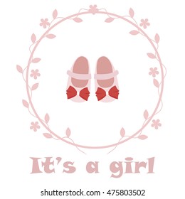 baby vintage pink  frame with shoes. It's a girl. template greeting or invitation. baby vector illustration. Baby shower or arrival