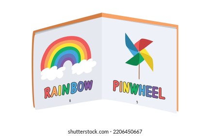 Baby visual stimulation book clipart. Simple cute colored infant stimulation book flat vector illustration. Baby book with colorful rainbow and pinwheel cartoon. Early stimulation for learning colors