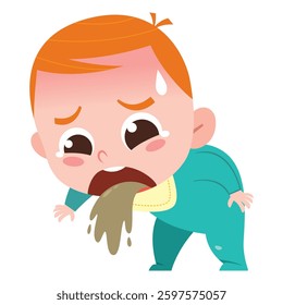 Baby Vomiting While Sick. This image depicts a sick baby who is vomiting