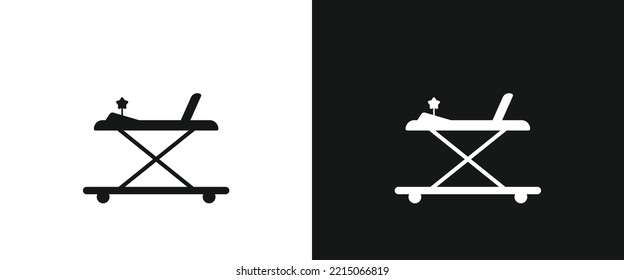 Baby walker flat icon for web. Simple baby walker sign web icon silhouette with invert color. Minimalist baby walker with toys solid black icon vector design. Kids, baby shower, nursery decoration