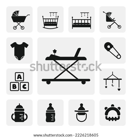 Baby walker flat icon for web, silhouette solid black icon vector. Baby icon set, stroller, carriage