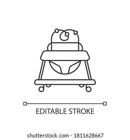 Baby walker pixel perfect linear icon. Leg learning and walking development device for toddlers. Thin line customizable illustration. Contour symbol. Vector isolated outline drawing. Editable stroke