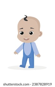 Baby is walking. First steps baby. Infant. Dark eyes, caucasian. Vector flat illustration. Cartoon people design. Suitable for animation, using in web, apps, books, education projects