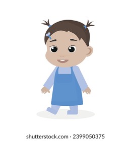 Baby is walking. First steps baby. Infant. Dark eyes, caucasian. Vector flat illustration. Cartoon people design. Suitable for animation, using in web, apps, books, education projects