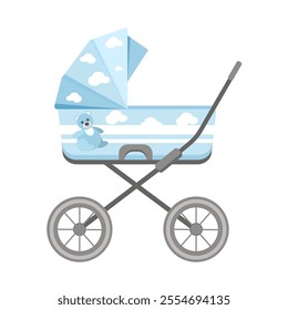 Baby, walking,winter stroller for newborns in blue tones, isolated on a white background.Vector illustration of a stroller.
