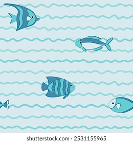 Um papel de parede do bebê com peixes do mar bonitos nadando em ondas azuis claras, desenhado no estilo de arte das crianças. Perfeito para um design divertido e calmante do quarto de crianças com tema oceânico.