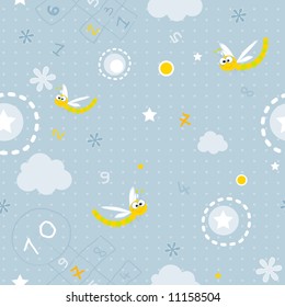 papel tapiz para bebés- patrón sin fisuras de nubes, escote, números y fondo de vector de libélula sonriente