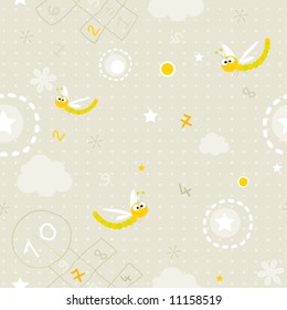 baby wallpaper- seamless pattern of clouds, hopscotch, numbers and smiling dragonfly vector background