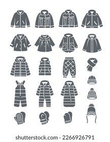 Baby warm winter autumn clothes solid silhouette icons. Jackets, coats, snowsuits, vest, hats and mittens. Simple pictograms of outerwear children clothing. Basic outfit for toddler, little boy, girl