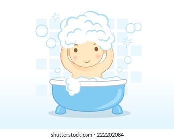 Baby washes hair with shampoo on bathtub in bathroom.
