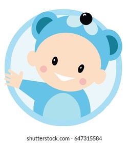 Baby waving wearing a grizzly hat wearing blue clothing