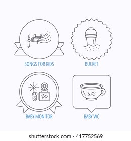 Baby wc, video monitoring and songs for kids icons. Beach bucket linear sign. Award medal, star label and speech bubble designs. Vector