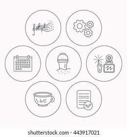 Baby wc, video monitoring and songs for kids icons. Beach bucket linear sign. Check file, calendar and cogwheel icons. Vector