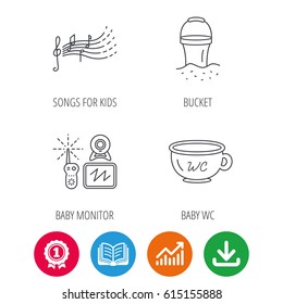Baby wc, video monitoring and songs for kids icons. Beach bucket linear sign. Award medal, growth chart and opened book web icons. Download arrow. Vector