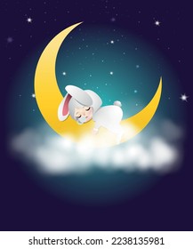 A baby wear rabbit suit sleeping on the crescent moon and the moon on cloudy in starry night.  Abstract background. Vector illustration.