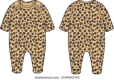 BABY WEAR ROMPER AND PLAYSUIT LEOPARD SKIN PRINT FRONT AND BACK VECTOR SKETCH