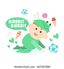 Baby wearing his favorite animal jump suit/ overall. Cute cartoon baby character in animal theme