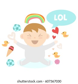 Baby wearing his favorite animal jump suit/ overall. Cute cartoon baby character in animal theme