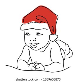 Baby wearing Santas hat. Christmas line illustration