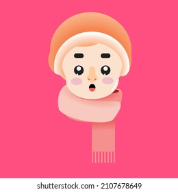 Un bebé usa un vector de sombrero de beanie. Pequeña o pequeña con bufanda. Ilustración de expresión sorprendida de Kid with Sorprised Diseño de caricaturas en la cabeza. Emoticon Cara Cuta.  Icono Emoji para pegatinas, revistas y afiches