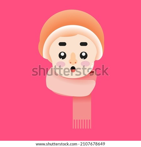 A Baby Wears a Beanie Hat Vector. Cute Little Girl or Boy with Scarf. Kid with Surprised Expression Illustration. Head Cartoon Design. Cute Face Emoticon.  Emoji Icon for Sticker, Magazine and Poster