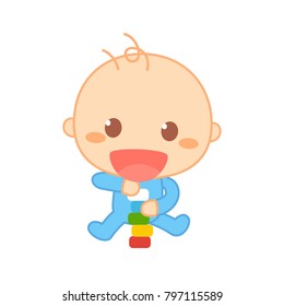 The baby wears a blue baby suit playing with toys. Cute baby milestone. Isolated vector.