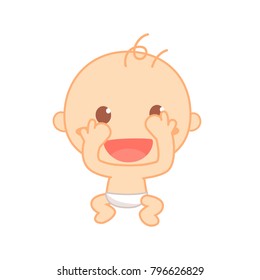 The baby wears a diaper and plays peek-a-boo. Cute baby milestone. Isolated vector.