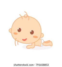 The baby wears a diaper trying to hold his head up. Cute baby milestone. Isolated vector.