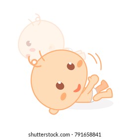 The baby wears a diaper trying to roll over. Cute baby milestone. Isolated vector.
