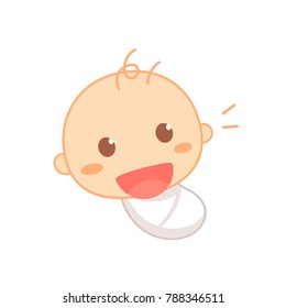 The baby wears a swaddling diaper and is smiling with happiness. Cute baby milestone. Isolated vector.