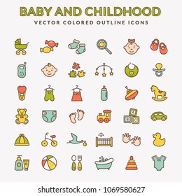 Baby web icon set. Set of colored line symbols. Children's toys, food, clothes. Newborn and kids, feeding and care themes. Colorful elements isolated on white background. Vector collection.