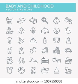 Baby web icons. Set of black outline symbols. Children's toys, food, clothes. Newborn and kids, feeding and care themes. Vector collection of line elements isolated on white background.