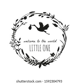 Baby welcome banner or congratulation card with stork flying and carrying a bundle designed with a wreath and text. Welcome to the world Little one. Vector