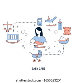 Baby welcome box concept with baby care icons. Vector illustration.