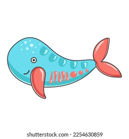 Baby whale illustration. Fish cartoon clip art. Funny marine character. Bright underwater colored fish isolated illustration. Vector
