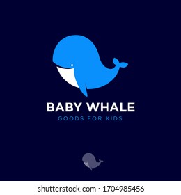 Baby Whale logo. Swimming club. Swimming and diving goods. Blue whale on dark background with letters. 