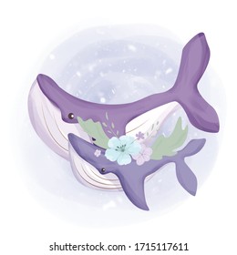 baby whale and mother watercolor