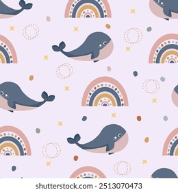 Baby whale and rainbow children seamless pattern for nursery