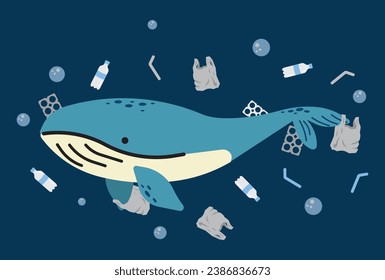 Baby whale surrounded by plastic trash concept illustration