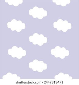 Baby white clouds sky on purple background. Cute vector soft, clean patterns, simple creative art concept. Stylish fluffy clouds sign. For Art design, banner, commercial, greetings card, textiles.