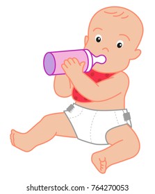 baby in white diapers, vector illustration, sitting and drinking from a purple bottle with a pacifier
