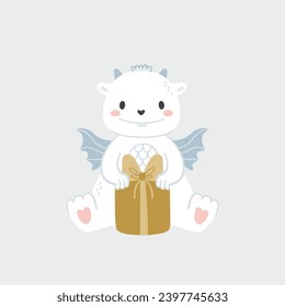 Baby white dragon with a gift