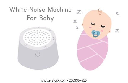 Baby White Noise Machine Clipart. White Noise Maker Machine And Sleeping Baby Flat Vector Illustration. Baby Sleep White Noise Lullabies For Newborn Cartoon Style. Baby Shower, Newborn Nursery Concept