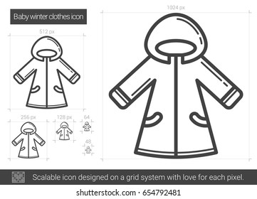 Baby winter clothes vector line icon isolated on white background. Baby winter clothes line icon for infographic, website or app. Scalable icon designed on a grid system.