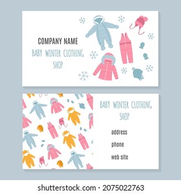 Baby winter clothing shop business card. Kids store, newborn clothes, baby shop. Vector illustration