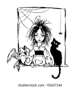 Baby witch with black cat, raven and spider looking out the window - black and white illustration