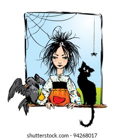 Baby witch with black cat, raven and spider looking out the window -color illustration.