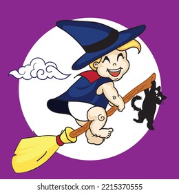 baby witch flying with a broomstick accompanied by a black cat hanging on for his life, fit for helloween theme